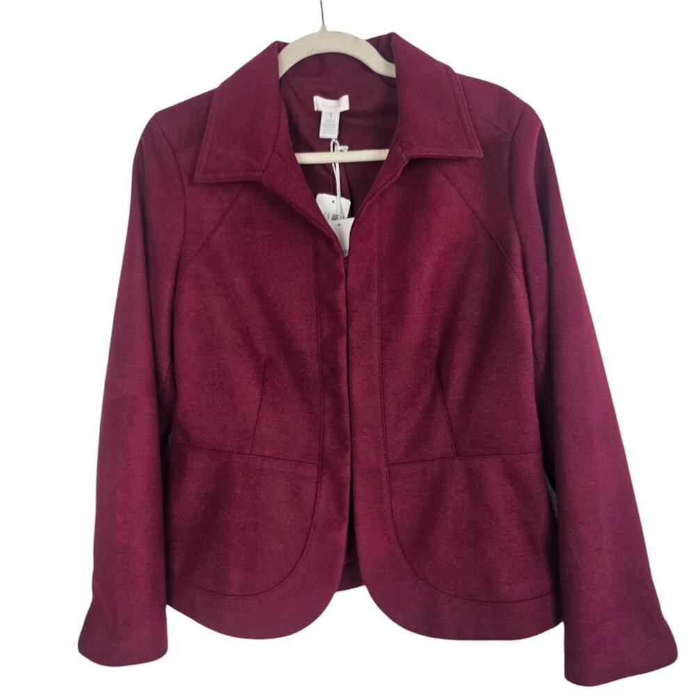 Chicos Womens Kelly Ann Smooth Plush Jacket Sz M Burgundy Holiday Career Corp